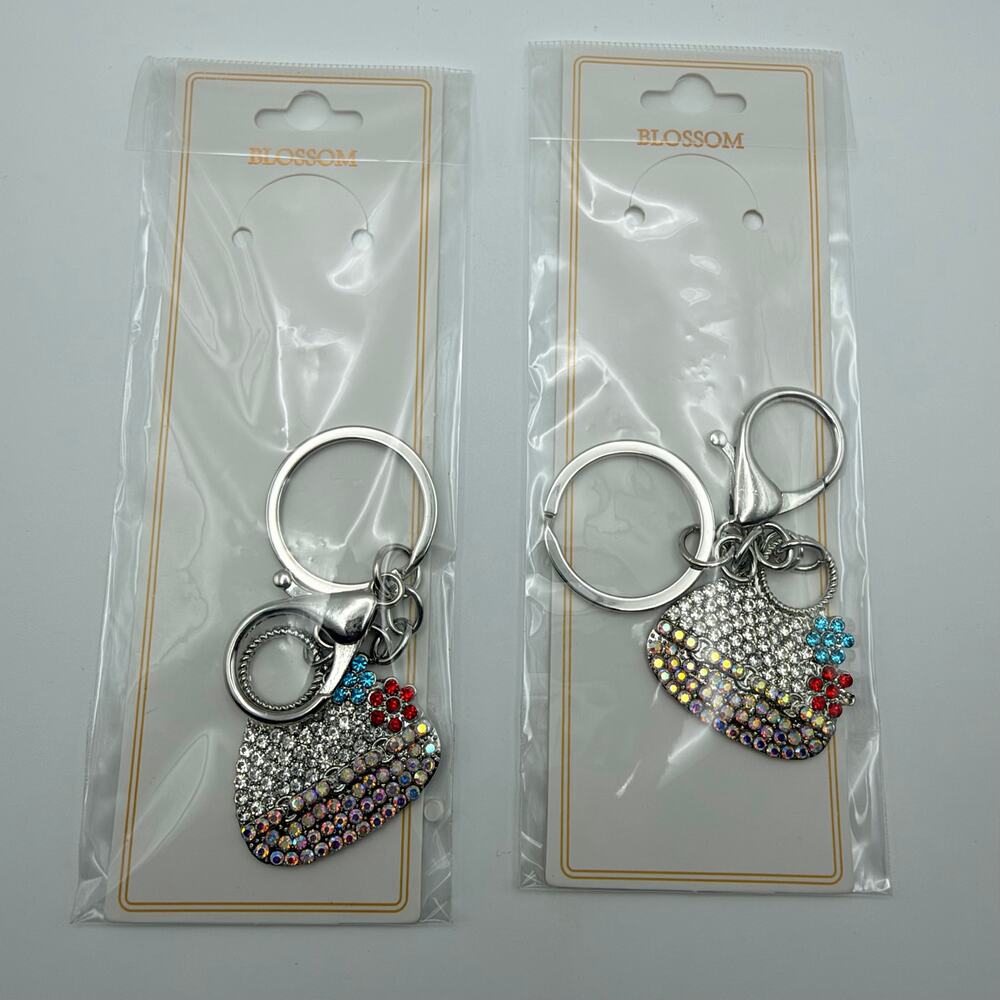 Rhinestone Keychain Bag Charms Set of 2 Crystal Floral NEW